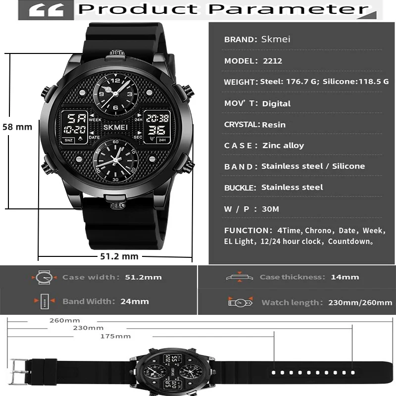 Skmei Multiple Time Zone Men\'s Quartz Sports Watches Big Size Dial LED Chrono Digital Analog Display Waterproof Military Clock