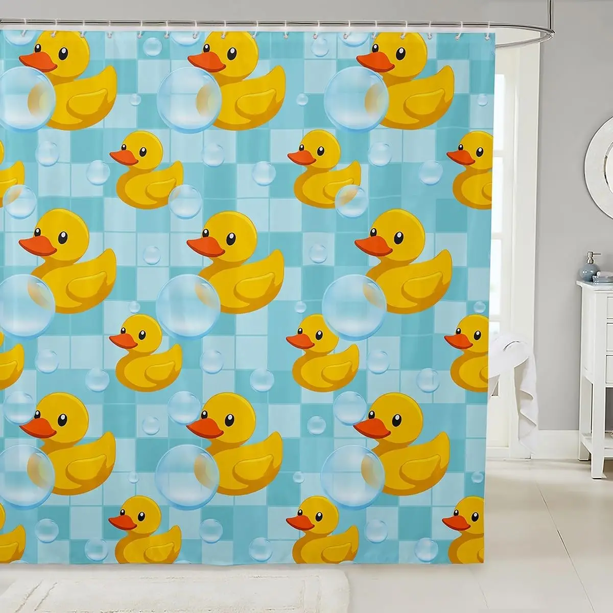 

Kids Cute Yellow Duck Shower Curtain Boys Girls Blue Grid Plaid Bath Curtain Farmhouse Pet Animal Bathroom Accessories Cartoon
