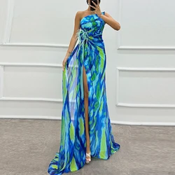 Elegant Off Shoulder High Waist Evening Dress Fashion Pleated Split Party Dress New Chiffon Floral Print Long Dresses Vestidos