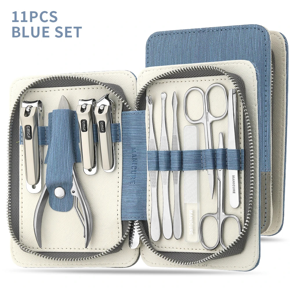 Profissional em aço inoxidável manicure set, portátil viagem beleza kit, aparador de unhas, pedicure set, 11 em 1