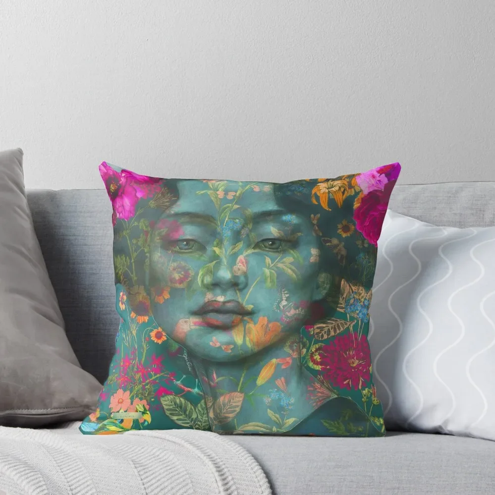 

Sundara Aqua' illustration of a women with magenta flowers Throw Pillow christmas cushions covers Ornamental Pillow pillow