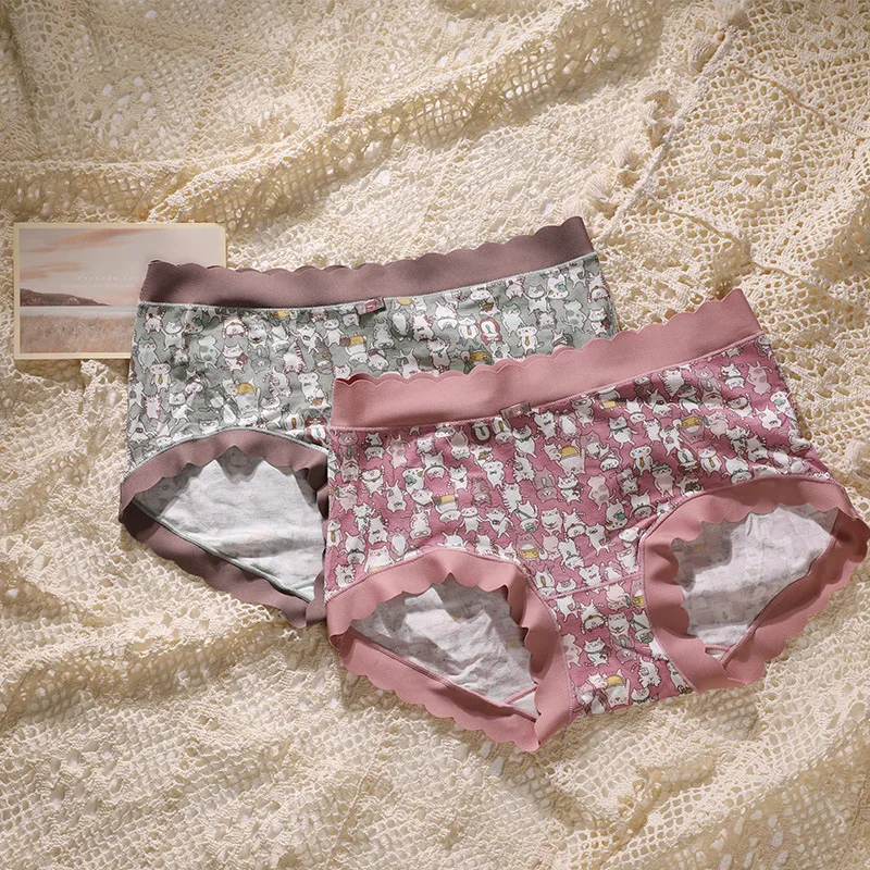 3PCS/Set Women Panties Mid Waist Traceless Soft Thin Lingeries Breathable Puss Print Underwears Plus Size 6XL Briefs
