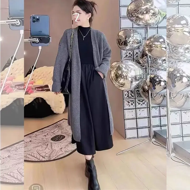 Deep Autumn and Winter Plus Size Women\'s Black Dress Lazy Style Long Cardigan Sweater Dress Two-piece Set New in Matching Sets
