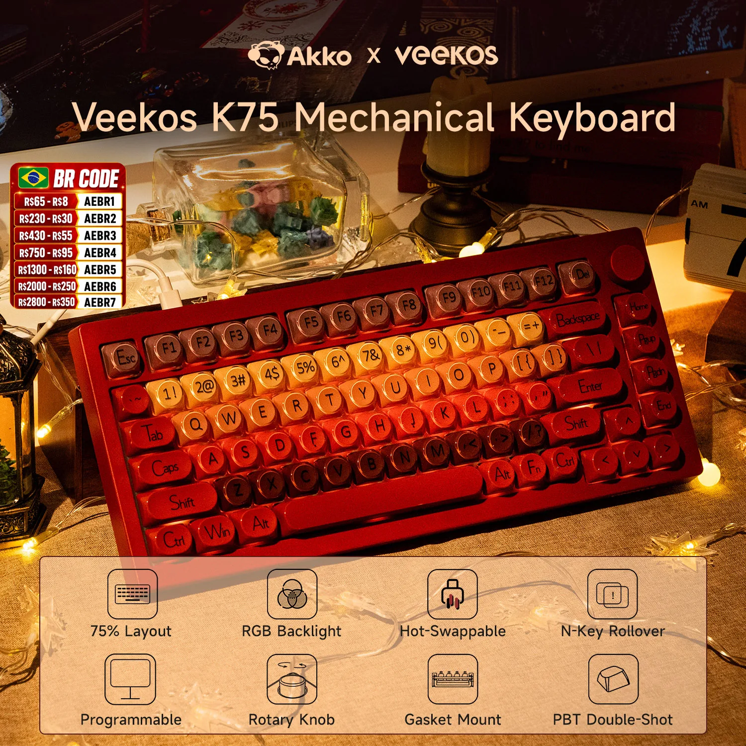 AKKO 5075 X Veekos K75 Teclado mecánico para juegos 75% RGB 3/5 pines Teclado personalizado con cable de intercambio en caliente con junta de perilla