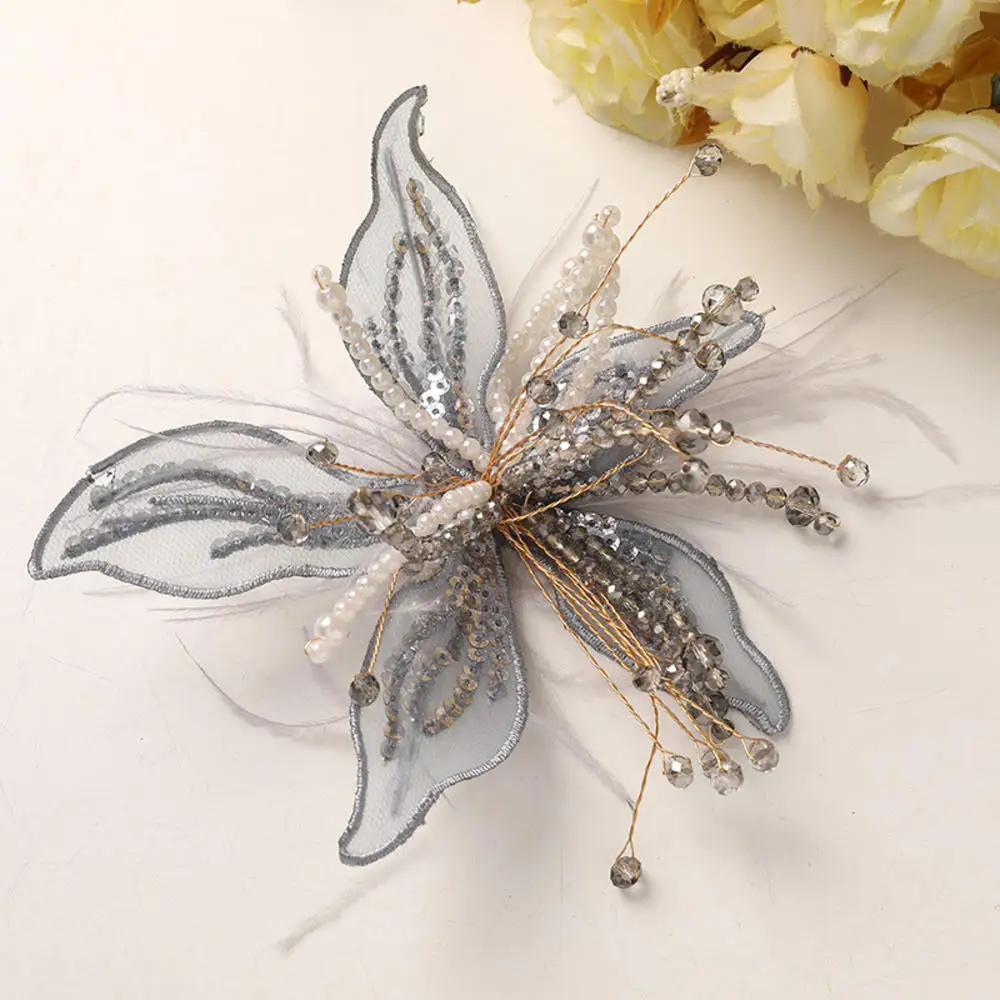 13cm White Lace Feather Pearl Crystal Flower For DIY Headpiece Hair Clip Brooch DIY Apparel Sewing Supplies 3D Flowers Garment
