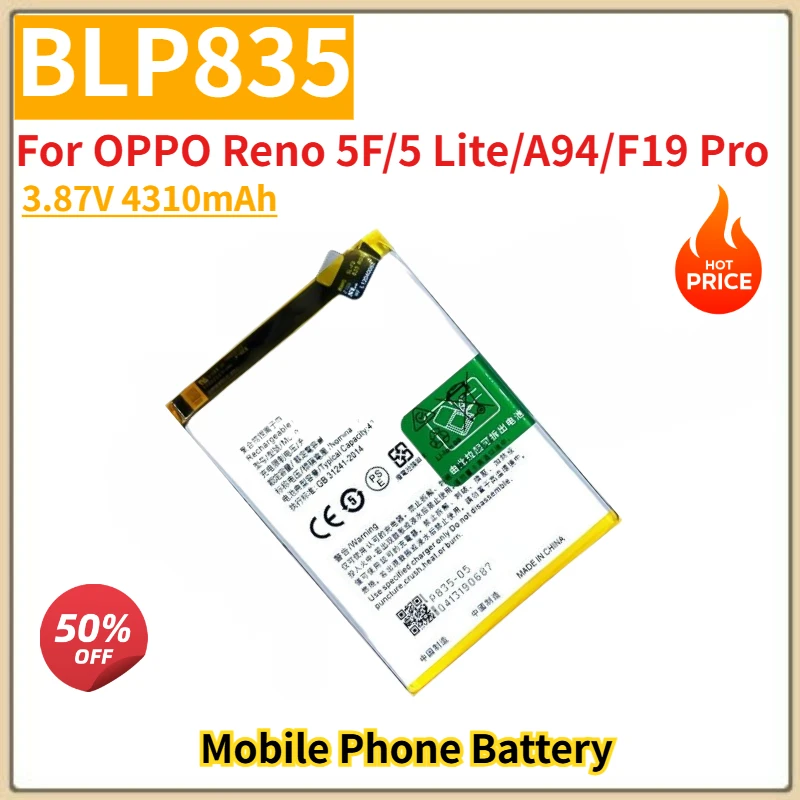 

High Quality BLP835 Mobile Phone Battery 3.87V 4310mAh For OPPO Reno5F/5Lite/A94/F19Pro Brand New Replacement Battery