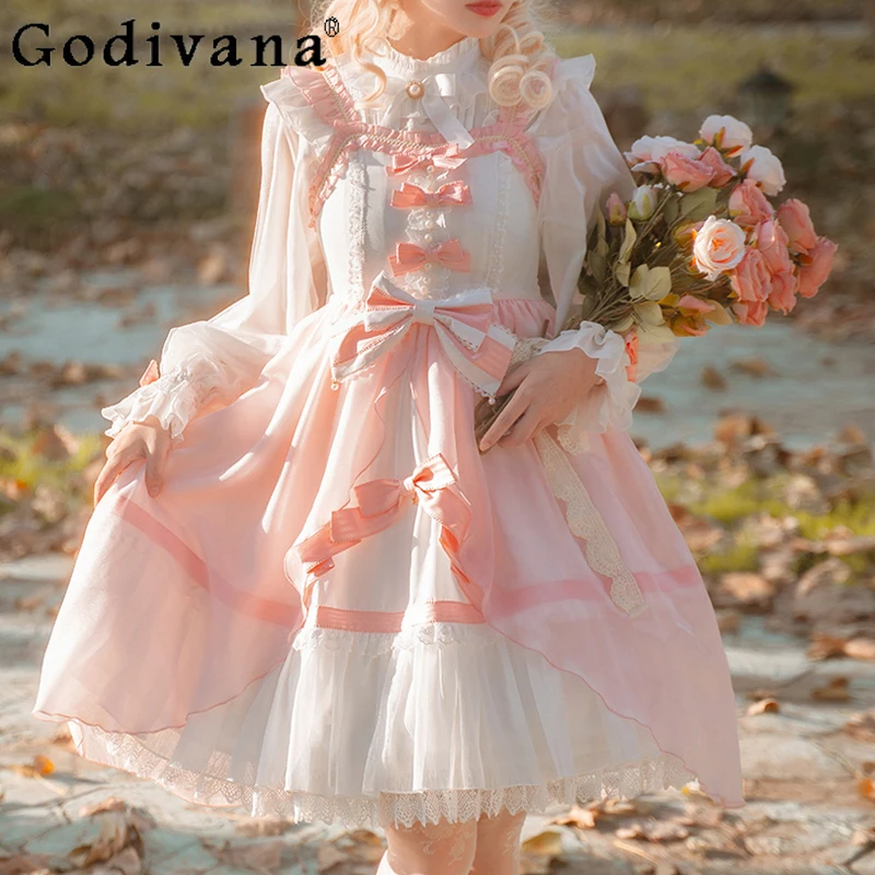 

L-4XL Spring New Sweet Bow A-line Lace Ruffles High Waist Fairy Lolita Suspender Dress Large Size Girl White Shirt Two-piece Set