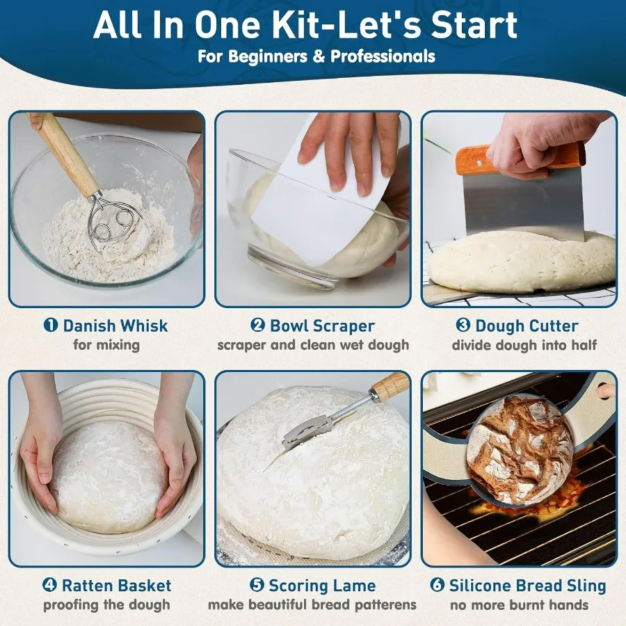 Cast Iron Bread Oven for Baking, 6QT Multi-Functional Dutch Oven Pot with Lid, Include Proofing Basket, Silicone Sling & Dough W