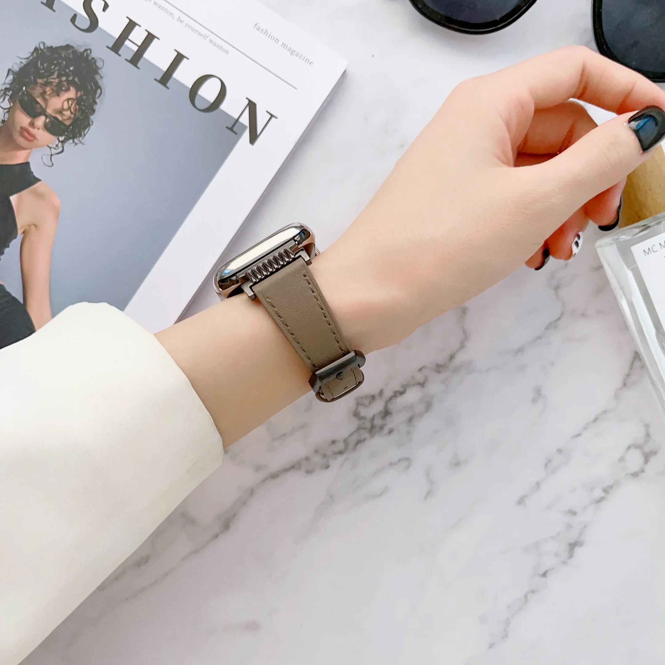 애플 워치용 가죽 스트랩, 스테인레스 스틸 스티칭, 아이워치 8, 7, 6/5, 49mm, 46mm, 38, 40, 41mm, 42, 44, 45mm