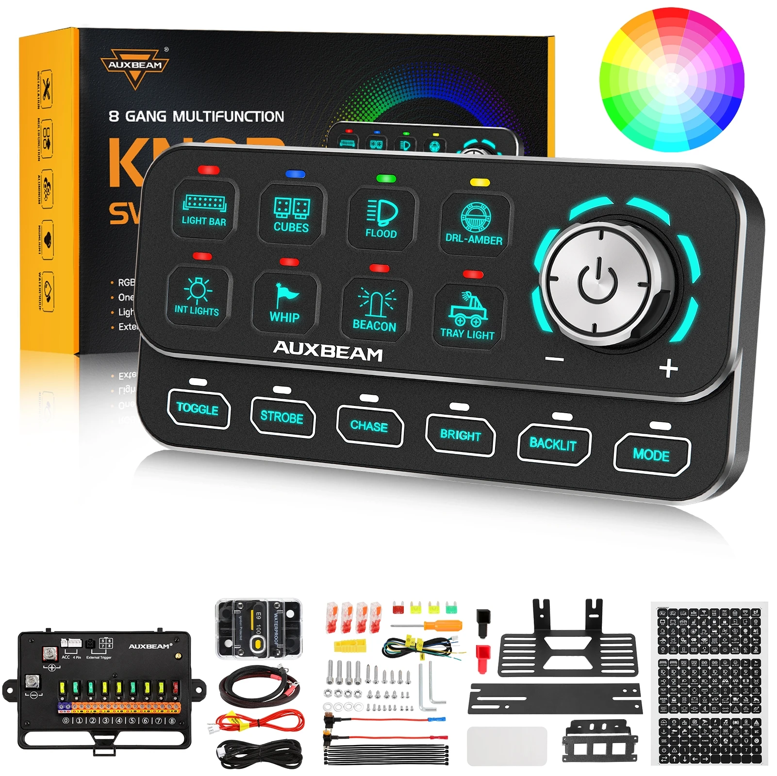 AUXBEAM KS-80 12V 24V 8 Gang RGB Switch Panel Toggle Momentary Pulse SOS 4 Modes with Rotary Knob Control Switch