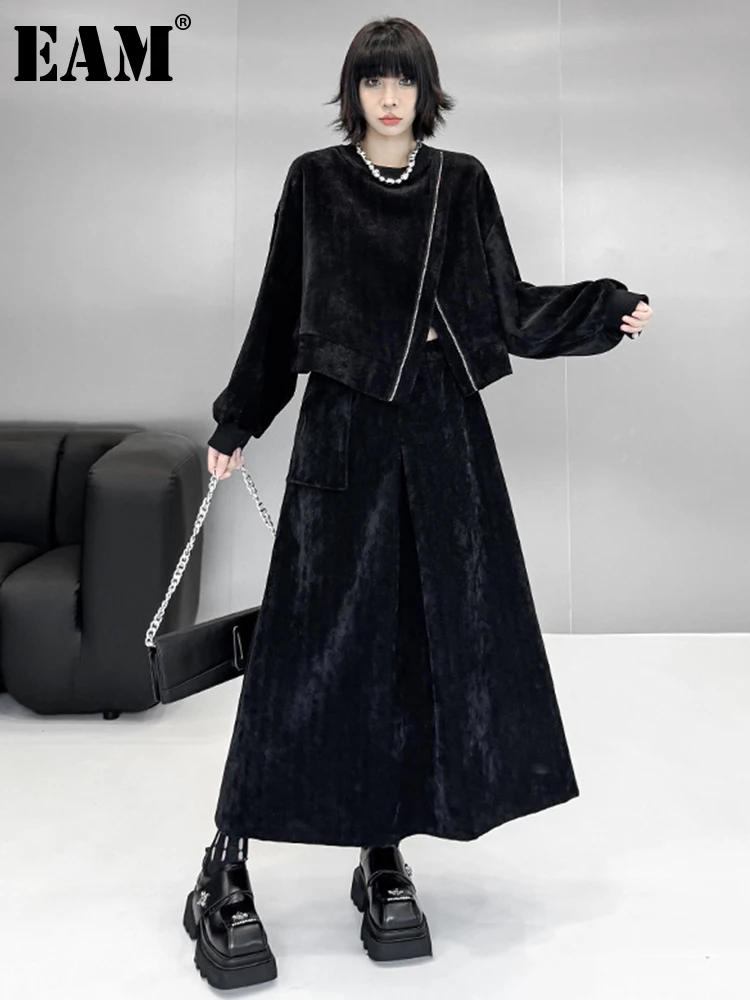 EAM Big Size Sweatshirt Half-body Skirt Two Pieces Suit New Round Neck Long Sleeve Women Fashion Spring Autumn 2025 1DH9189