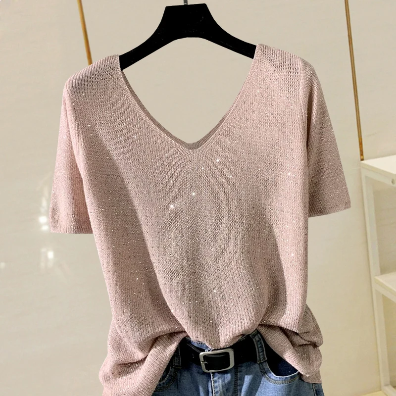 

Ice Silk Women Knitting Top 2023 New Summer Bright Hot Drilling Thin Short Sleeve T-shirt V-neck All-match Slim Bottoming Tees