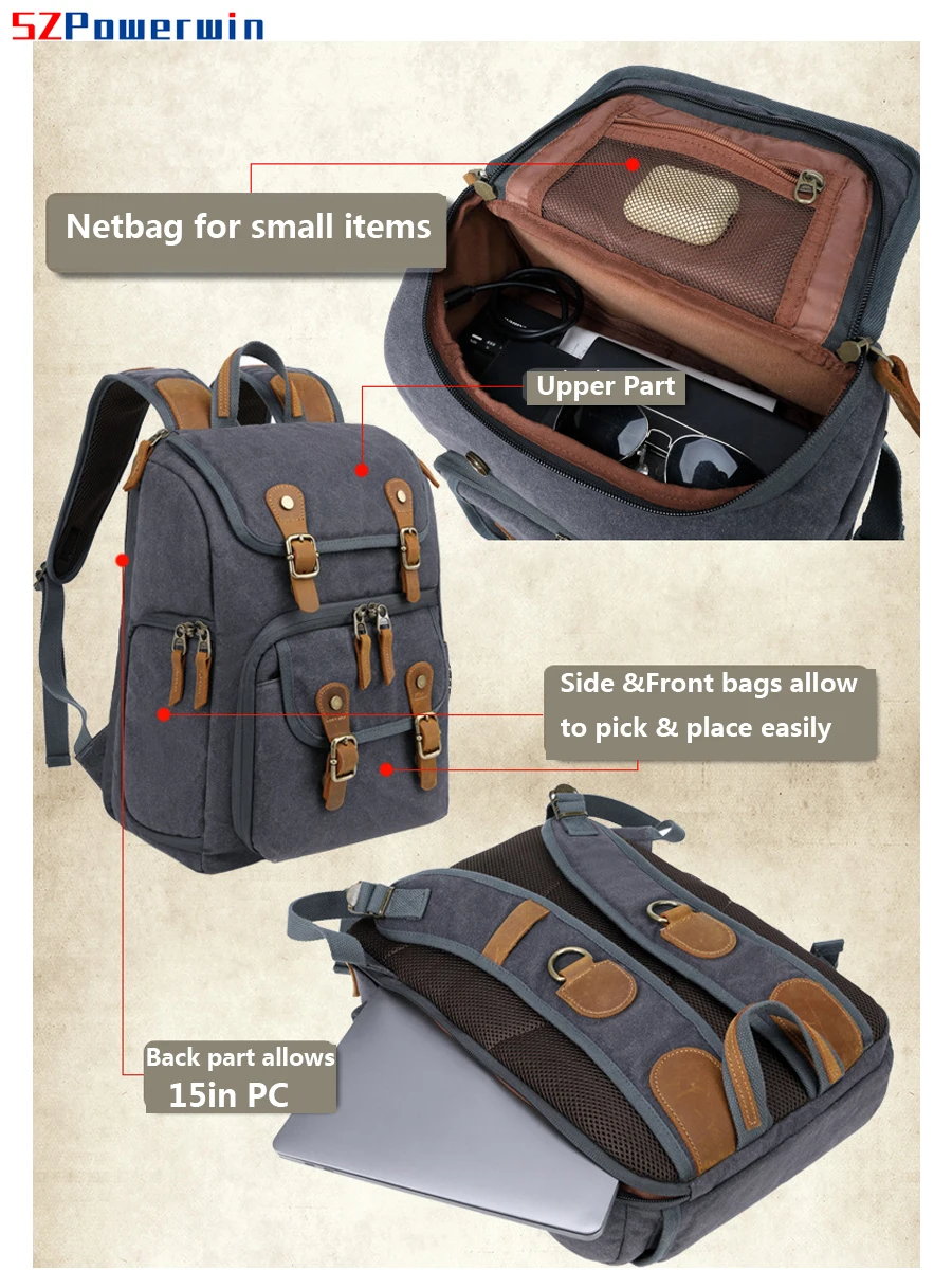 Powerwin New Waterproof Camera Backpack DSLR SLR Batik Canvas Horse Leather Outdoor Photographic Bag for Lens Tripod Charger