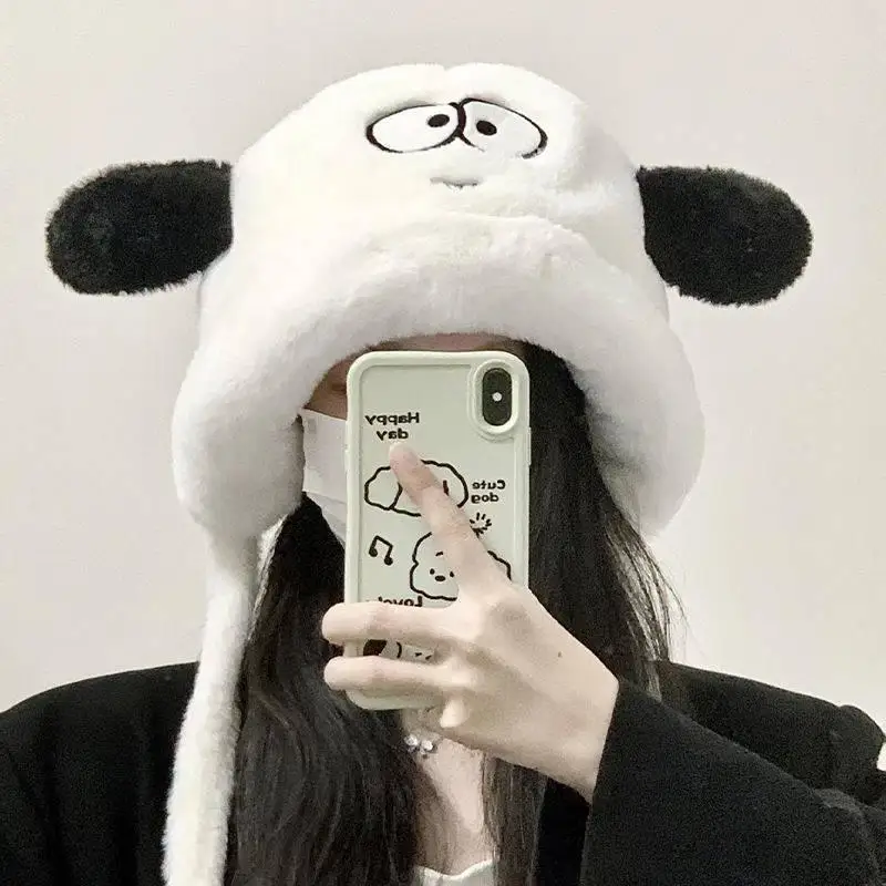 Cute Big Eye Dog Plush Winter Hat Women Warm Ear Protection Bucket Cap Soft Fluffy Beanie with Pompom Straps Photo Props