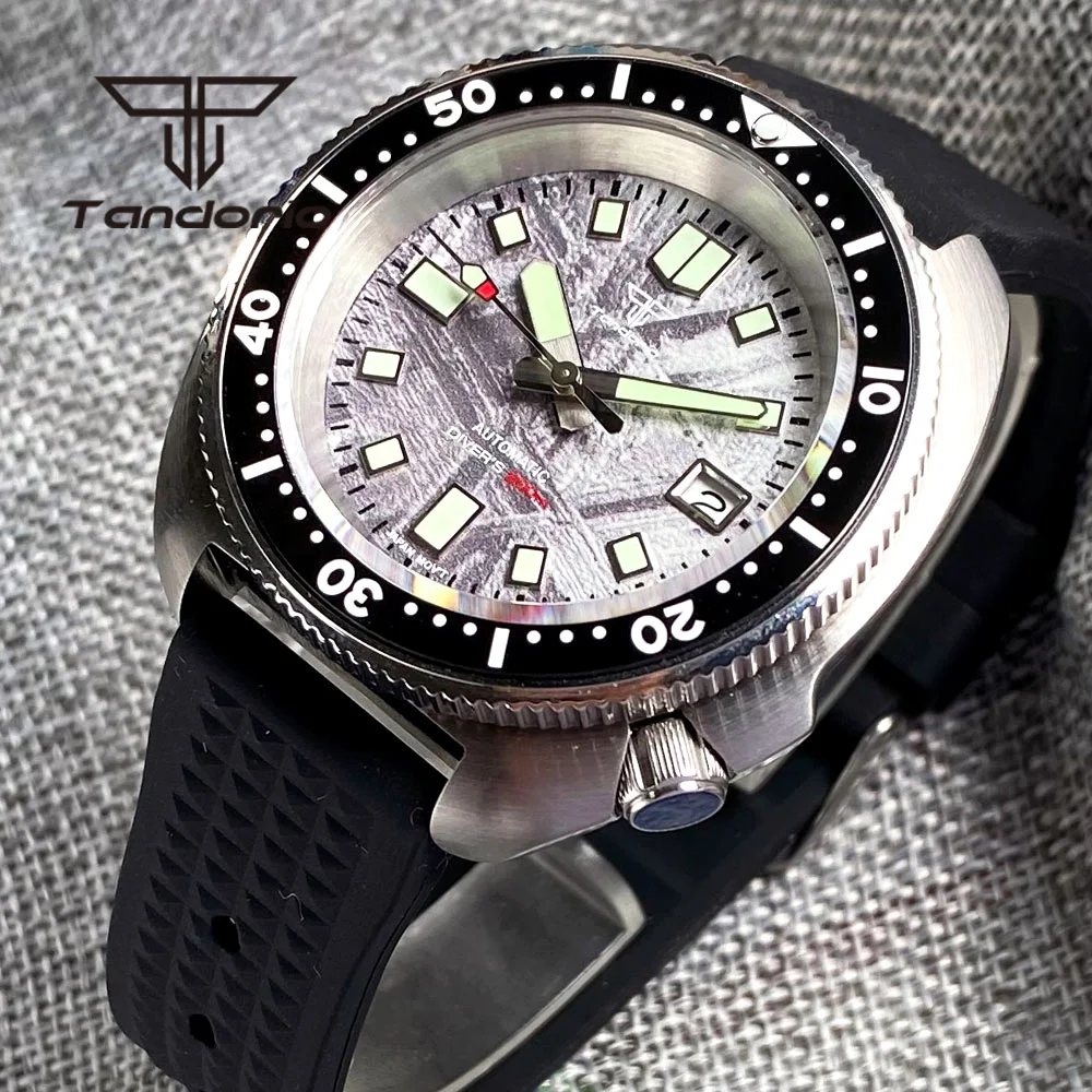 Imagem -02 - Tandorio Nh35a 44 mm Relógio Automático de Mergulho para Homem Padrão de Meteorito Dial Face 20bar Safira Data Cristal Cerâmica Rotativo Bezel