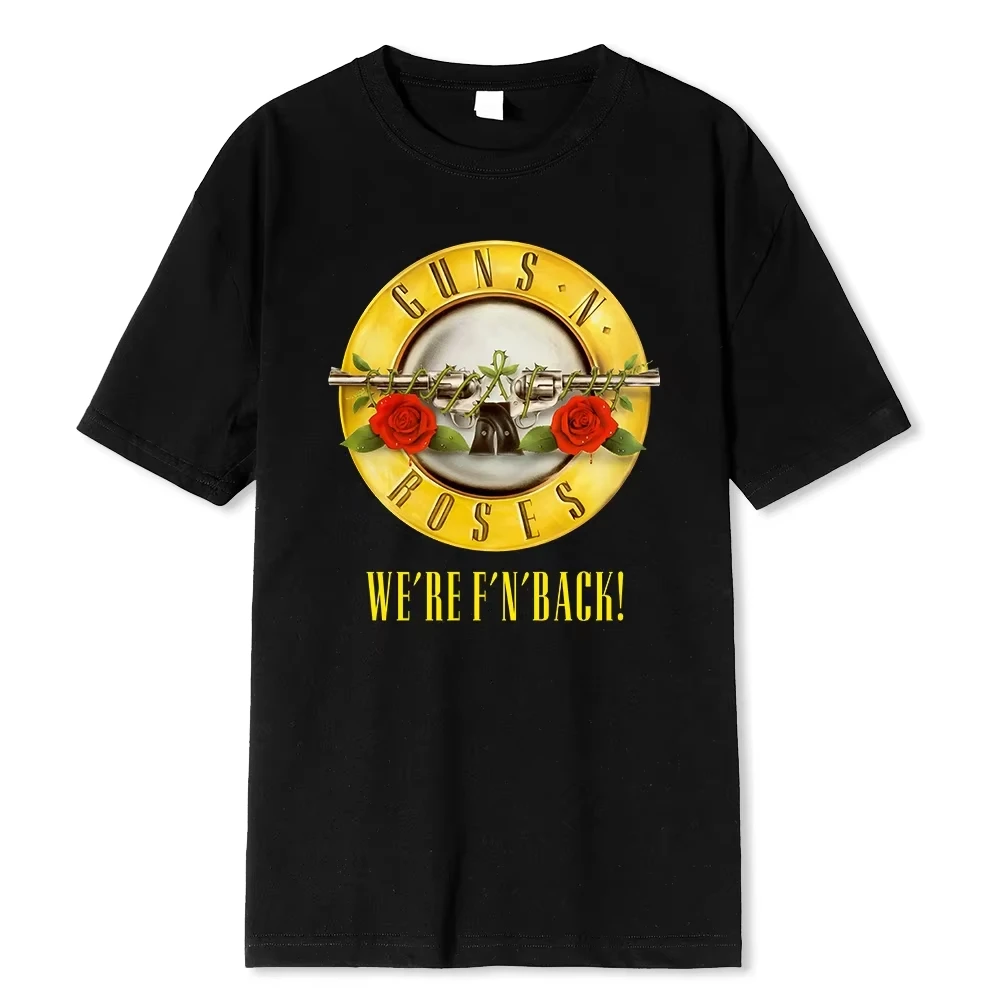 Guns N Roses Men Black Graphic Tee Vintage Bullet Pattern Rock Print Casual Short Sleeve Streetwear Fashion Daily Wear Tops Item