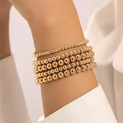 Fashion Gold Plated Stainless Steel Stretch Bracelet With 2-10mm Round Beads Stackable Beaded Wristband Unisex Versatile Jewelry