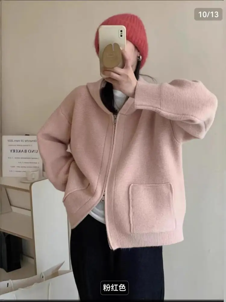 

Autumn Winter New Solid Long Sleeve Knitted Tops Women's Double Zipper Hooded Cardigan Short Sweater Korean Versatile Streetwear