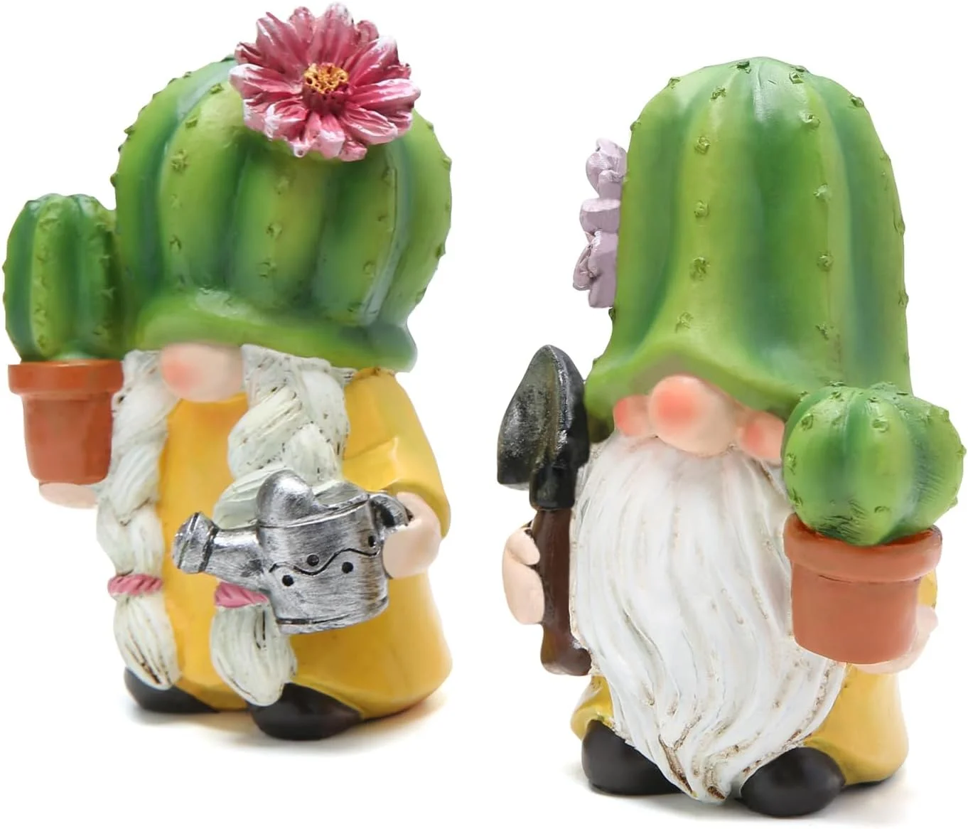 Hodao 2-Piece Cactus Gnome Figurine Set, Resin Gardener Couple with Flowering Succulent Hats, Potted Plants, Watering Can and Trowel, Collectible Farmhouse Tabletop Decor for Kitchen Shelf, Patio, Sunroom, Housewarming, Birthday or Botanical Lover Gift