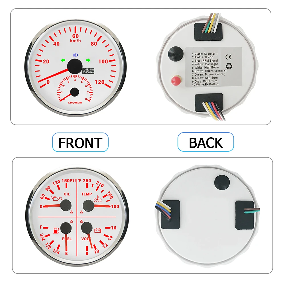 ELING 110mm Car 120km/h MPH 200km/h 160MPH Speedometer GPS Tachometer 4in1 Oil Press 150Psi Water Temp Fuel Level Voltmeter 12V