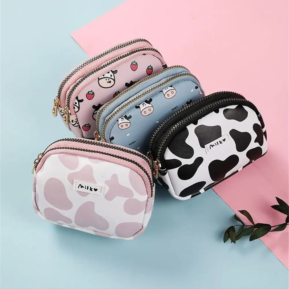 Small Coin Purse Cute Cow Pattern Card Wallet Student Double Pocket Zipper Key Bag Portable Lipstick Bank Card Storage Bag