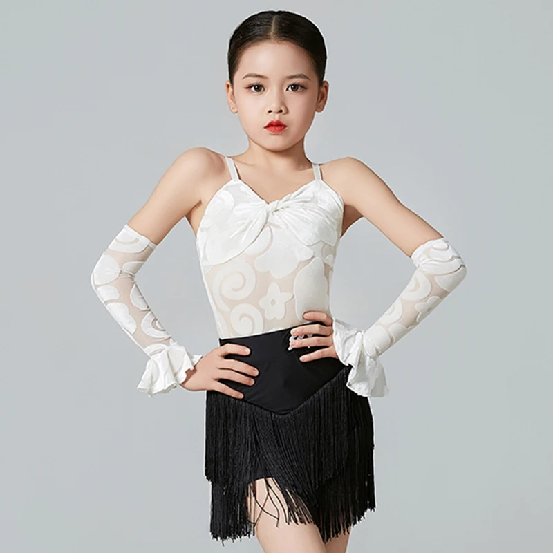 

Kids Latin Dance Dress Girls Performance Clothes White Tops Fringe Skirt Cha Cha Rumba Samba Dance Wear Competition Suit NV20459