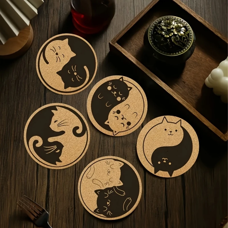 

6 PCS 2D Wooden Coasters Wooden Color Cat Pattern Theme Desktop Insulation Mats Home Decor Coffee Cup Coasters For Office