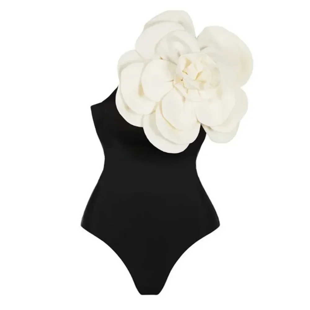 Women Swimsuits Flower Decoration Solid One-piece Swimsuit with Black Rose Short Skirt