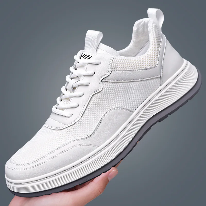 

Summer Autumn New Designer Leather Sneakers for Men Hallow Breathable Mesh Shoes Male Lace Fashion Casual Board Sports Shoes Man