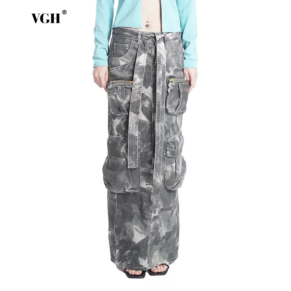 

VGH Hit Color Patchwork Lace Up Denim Skirts For Women High Waist Spliced Pocket Camouflage A Line Loose Streetwaer Skirt Female