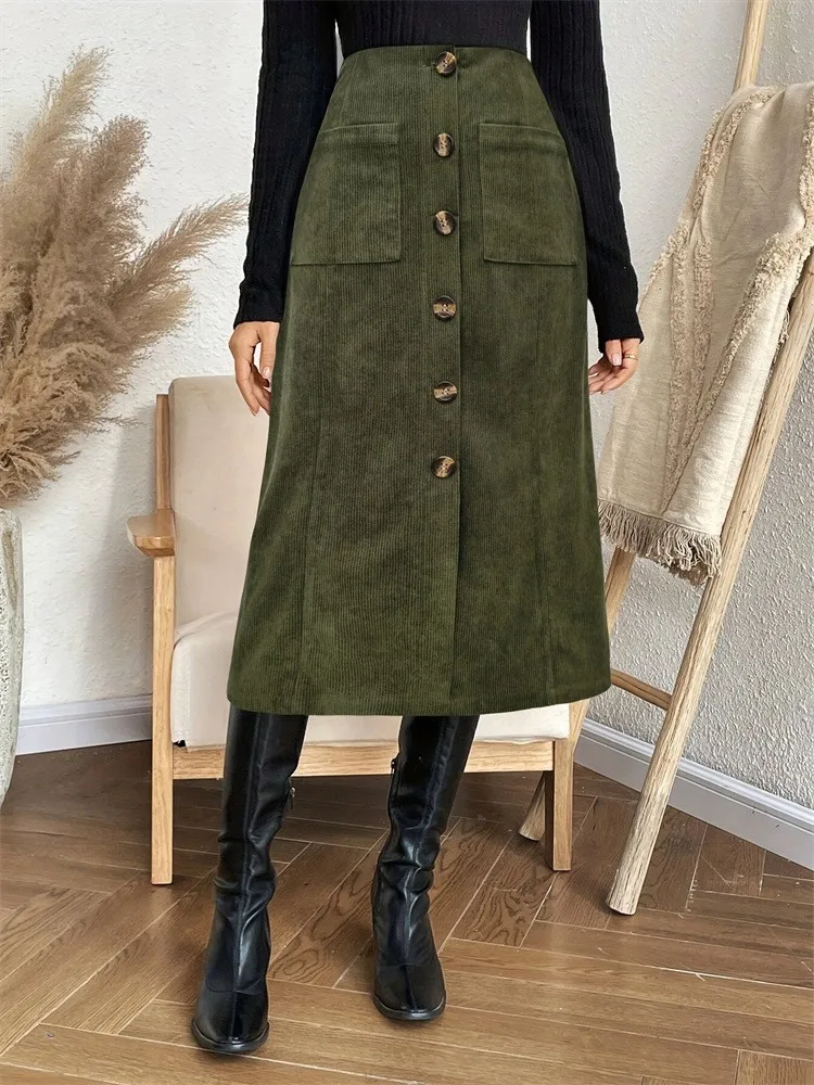 Autumn Women's Clothing Casual Elastic Waist Skirt With Button Front Faux Fly Elegant Midi Skirt For Woman Corduroy Solid