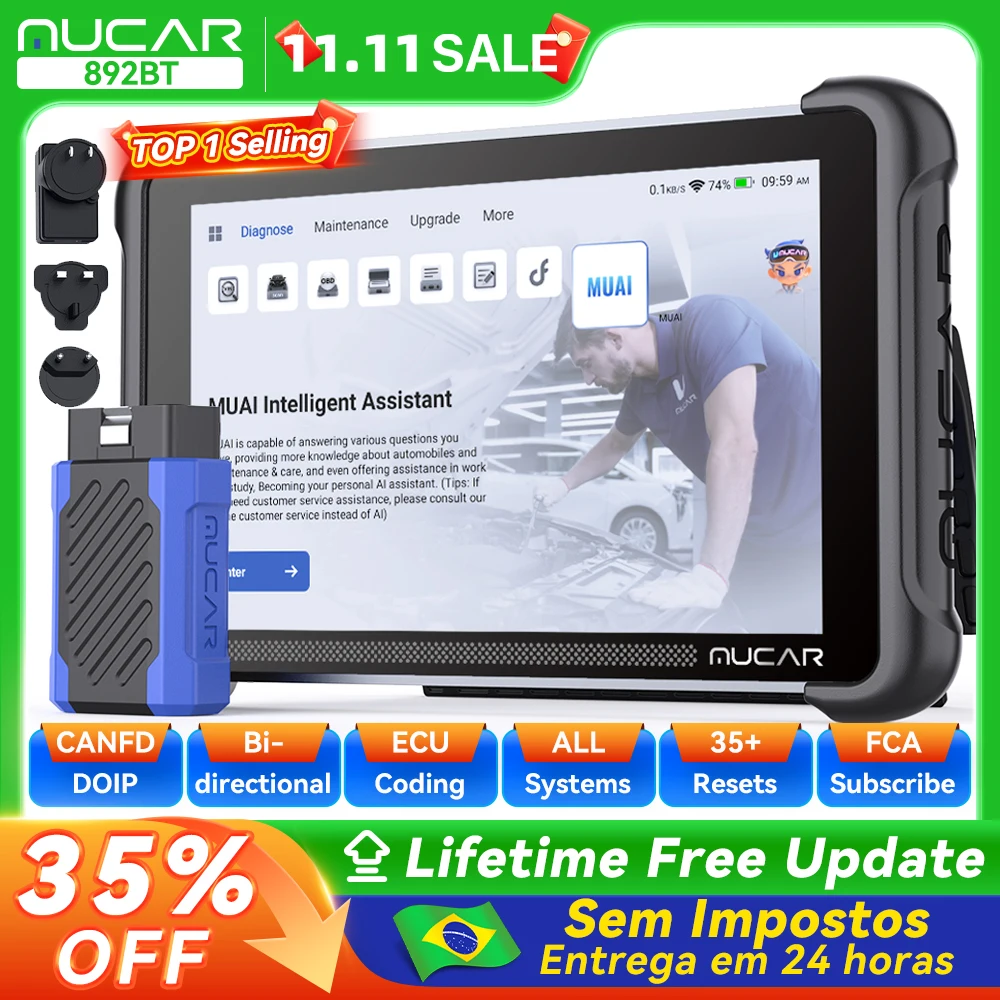 Ferramenta de Diagnóstico Automotivo MUCAR 892BT AI com Programação de Chaves TKEY 101, Codificação Bidirecional de ECU, Scanner OBD2 CANFD DOIP e 35 Funções de Reset