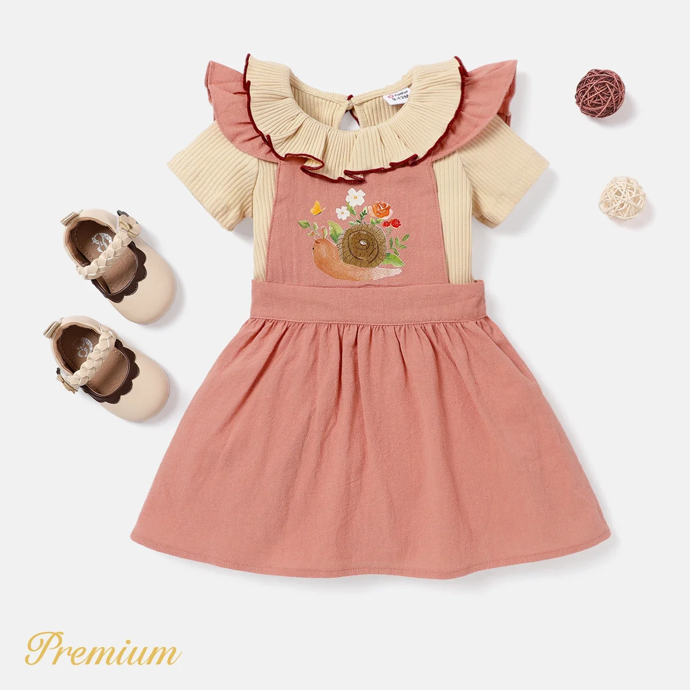 PatPat 2pcs Baby Girl 100% Cotton Snail Print Ruffled Overall Dress and Short-sleeve Ribbed Tee Set Suitable for Summer