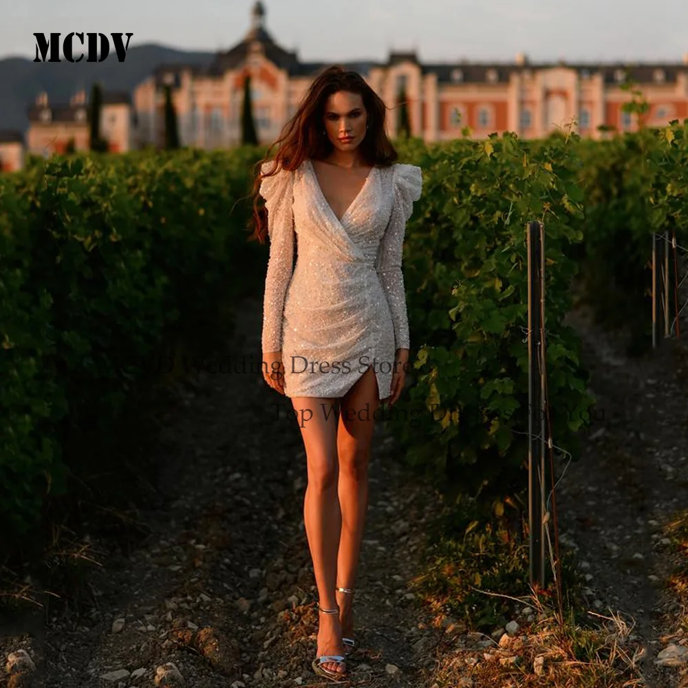 

MCDV Exquisite Mini Sequin Wedding Dresses For Women Puff Sleeve Beaded Straight Backless Bride Gown Customied V-Neck Party Gown