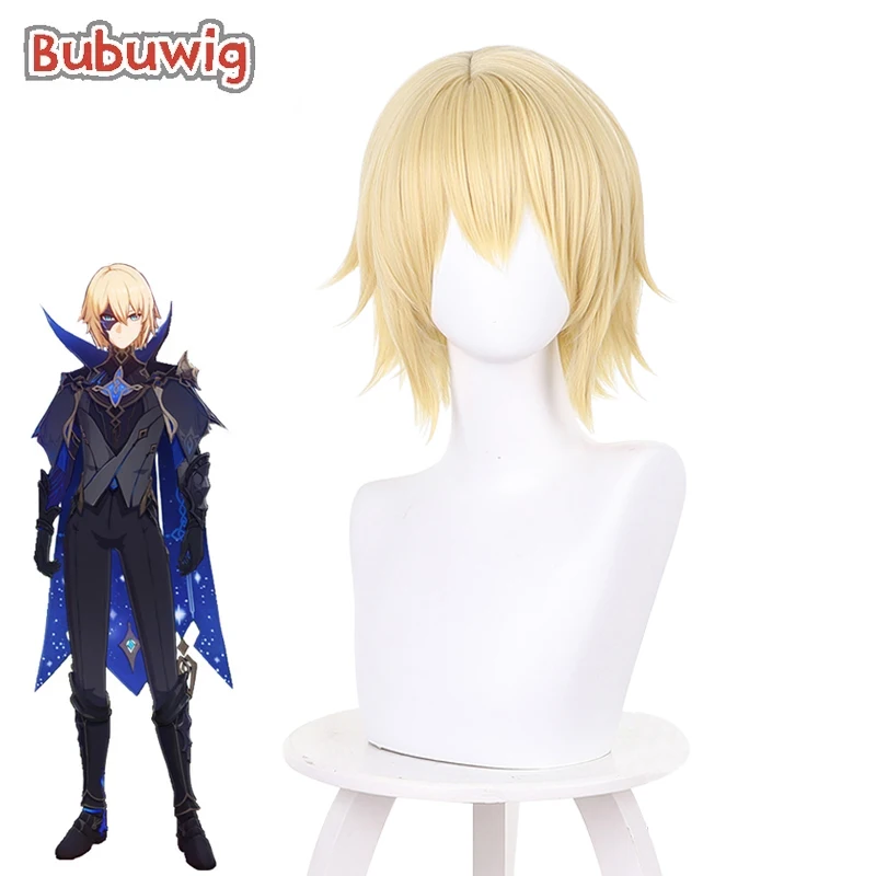 Bubuwig Rambut Sintetis Genshin Impact Wig Cosplay Odyssleif Wanita Halloween Pria 30Cm Wig Pirang Pendek Lurus Tahan Panas