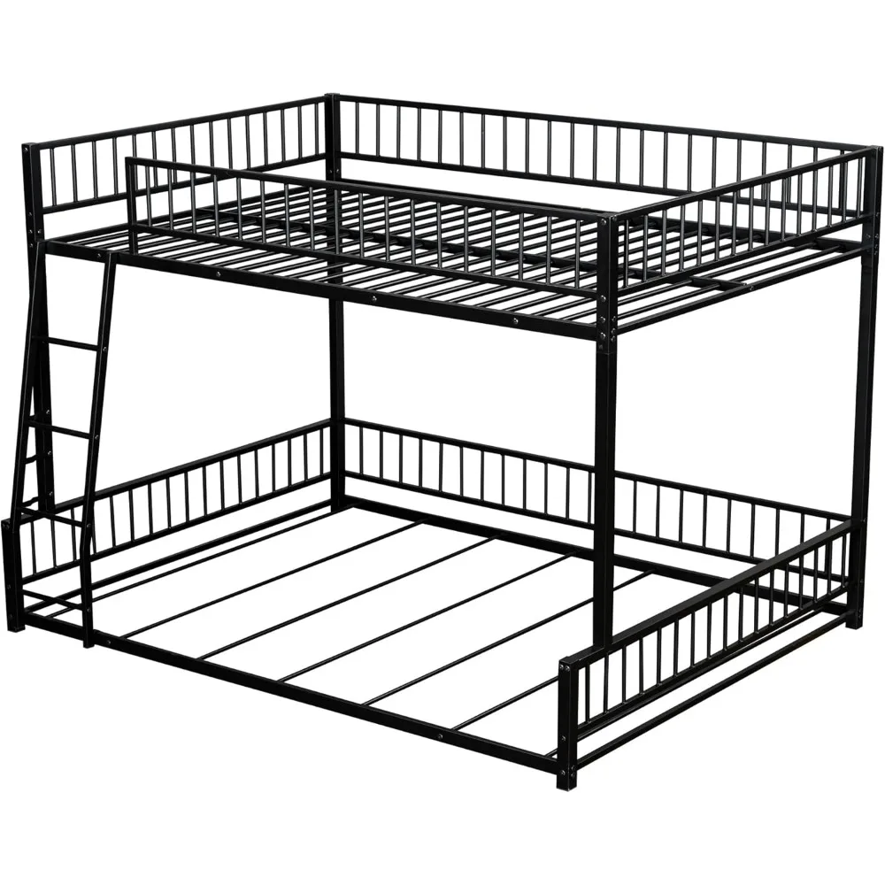 إطار سرير بطابقين كامل مقاس XL مع سلم وقضبان أمان، أسود