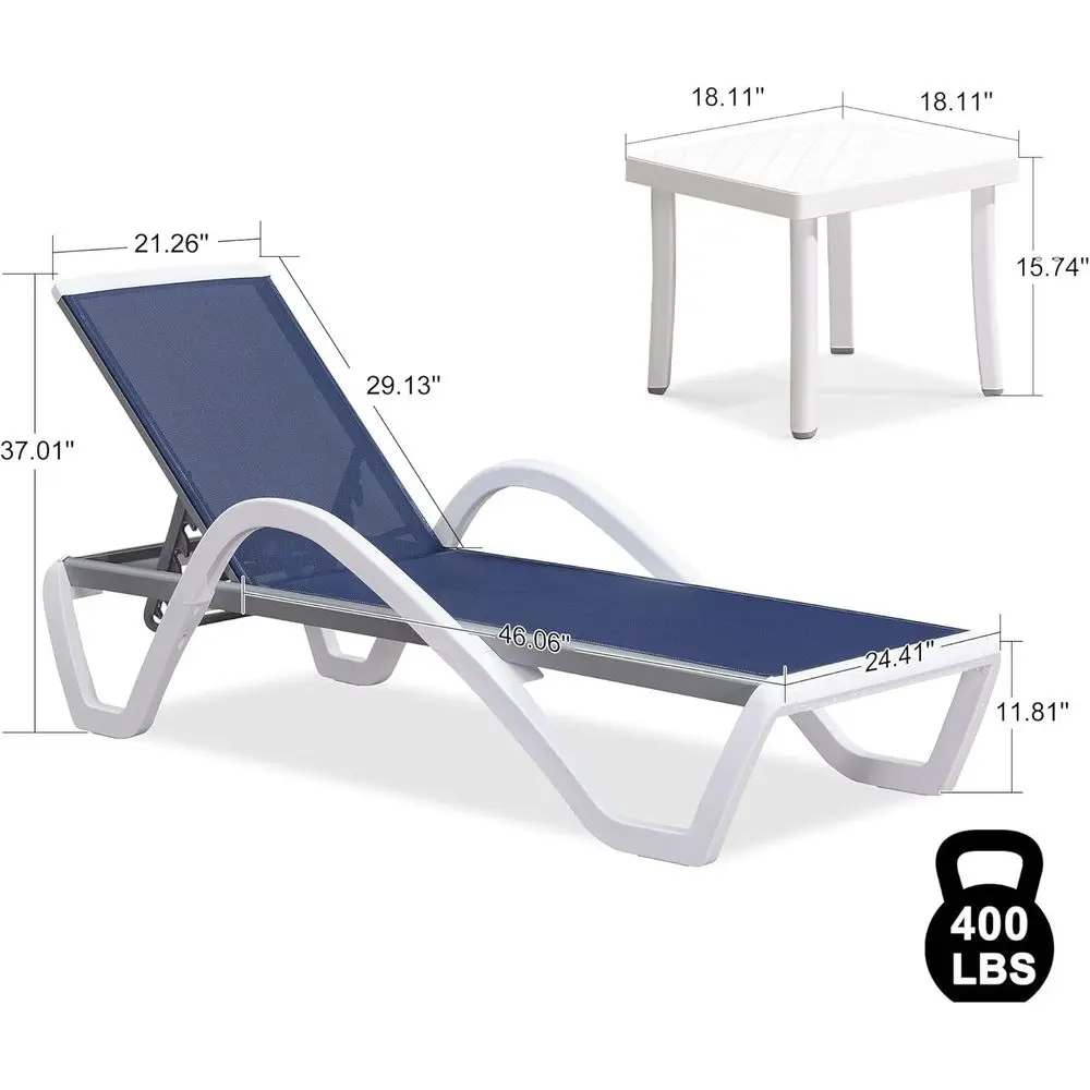 3-Piece Outdoor Stackable Patio Chaise Lounge Set with Side Table, Navy Blue