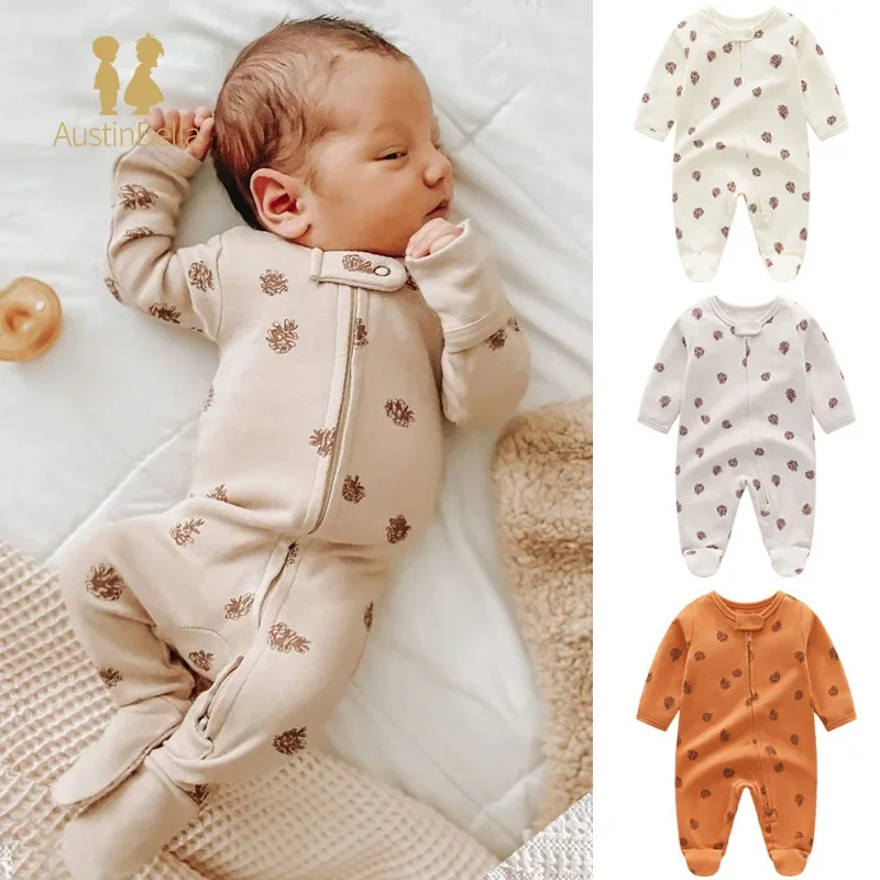 0-12M Newborn Baby Footie Jumpsuit Knitted Coral Velvet Baby Boy Girl Clothes Spring Autumn Zipper Romper Fashion Baby Clothing