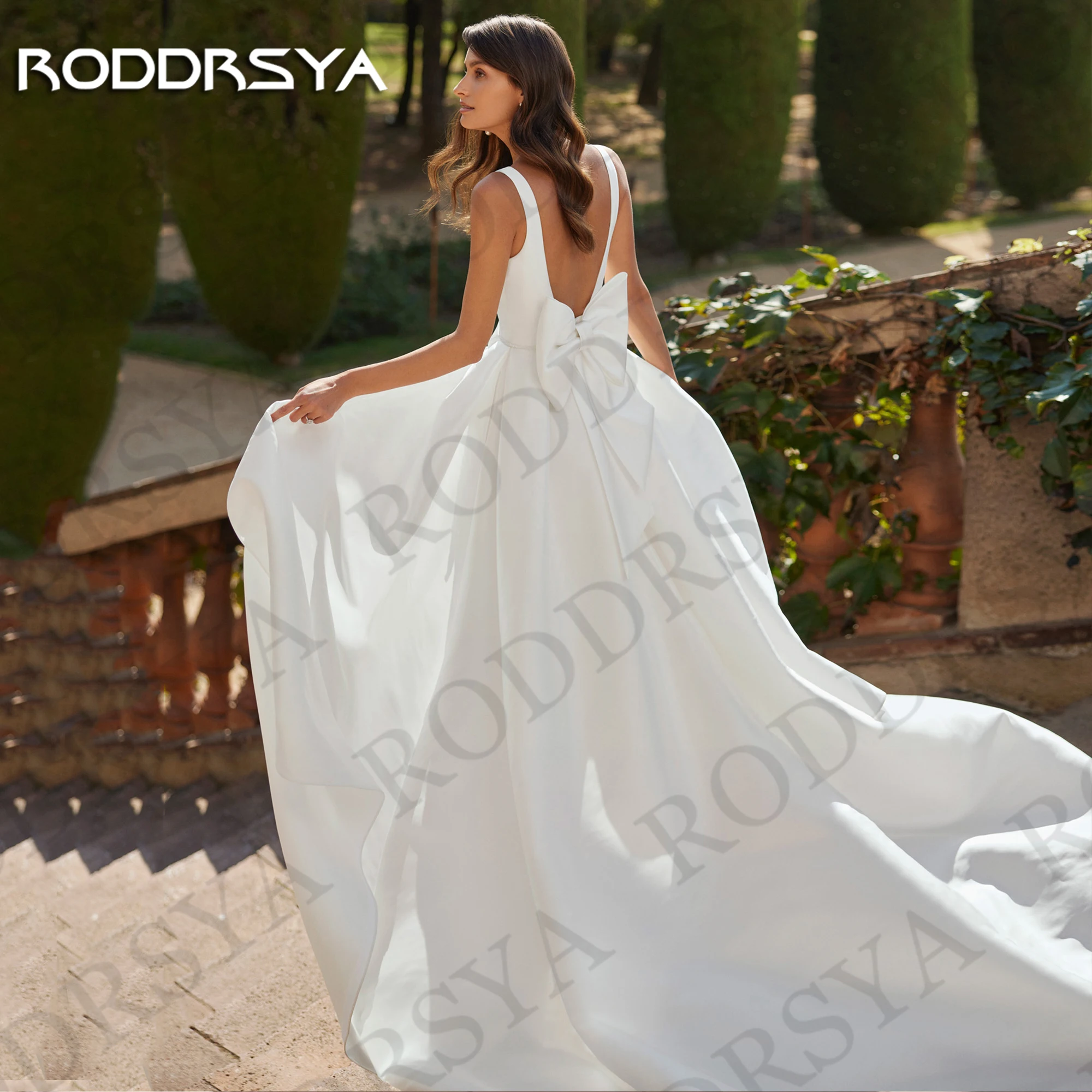 RODDRSYA-vestido de novia de satén personalizado para mujer elegante vestido de novia con cuello cuadrado Espalda descubierta abertura línea A Vestido de novia de satén personalizado tipo a elegante vestido de novia de