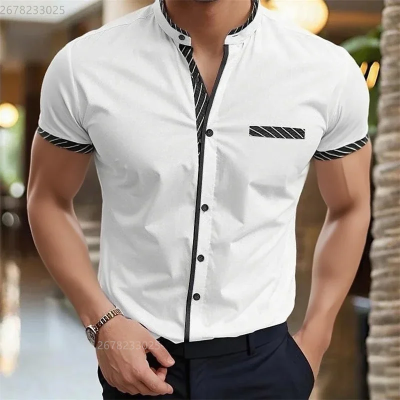 

Men's Fashion Stand Collar Short-sleeve Shirt Slim Fit Casual Business Summer Breathable Striped Decor Top