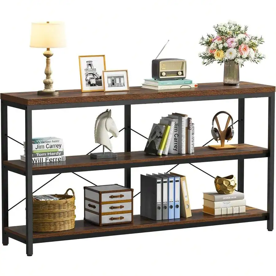 3-Tier Industrial Bookshelf, Wide Wood Horizontal Bookcase, Open Large Book Shelf With Metal Frame, Display Rack Shelving Unit,