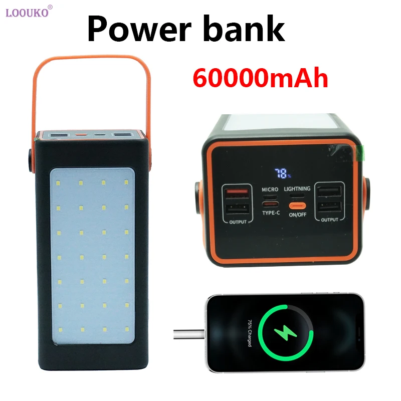 

Power Bank 60000mAh high capacity Type-C Charging Powerbank Portable Outdoor power supply Battery Charger For iPad iPhone 15 Pro