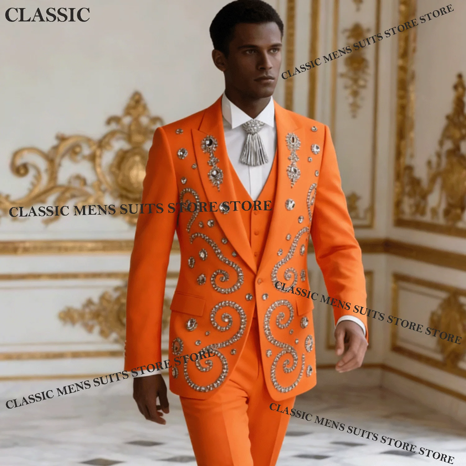 

Customized Formal Beads Crystal Men Suits 3 Pieces Sets Luxury Male Prom Blazer Groom Tuxedos Slim Fit Wedding vestidos de novia