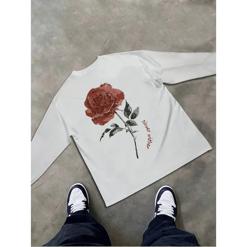 Men's Graphic Tee Stylish Rose Print Long Sleeve Cotton TShirt for Casual Wear Comfortable Durable and Fashionable Top