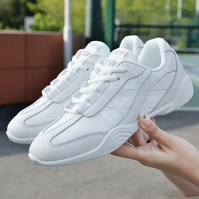 Zapatos de atletismo blancos de cuero suave ligero para mujer, zapatillas de Baile aeróbico para gimnasio, zapatos de entrenamiento de animadoras para niñas