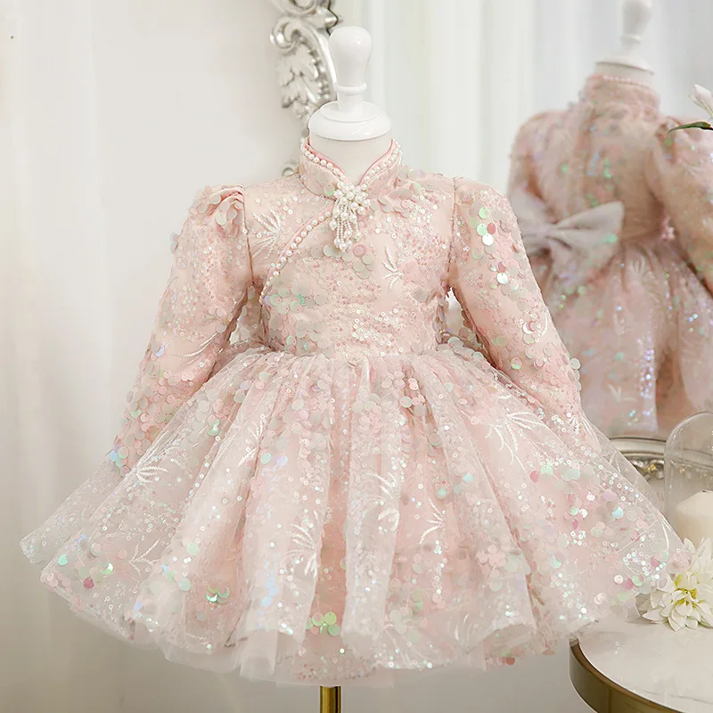 

Infant Sequin Pink Baby Girls Christening Gowns Dresses Winter Baby Baptism Clothes Princess Lace 1st Year Birthday Vestidos