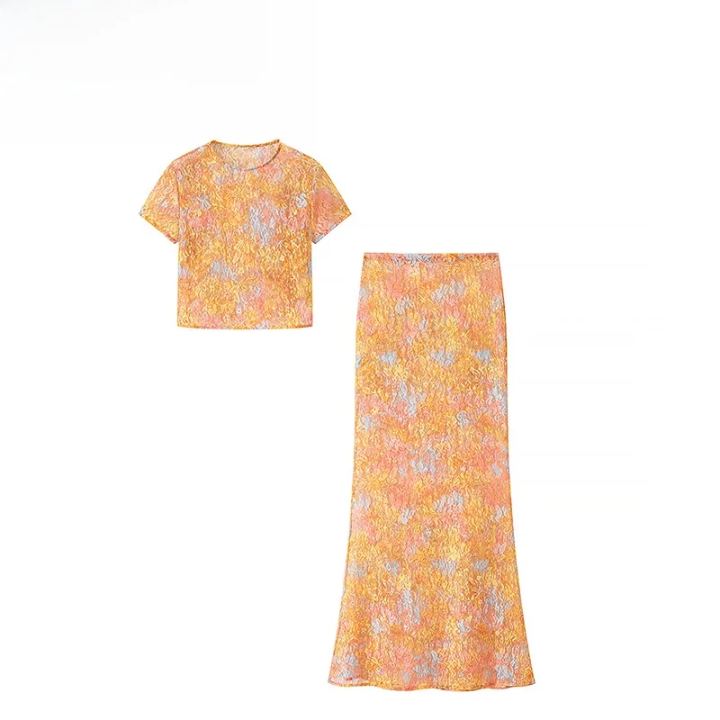 

ZBZA Spring New Women's Faion Design Printed Crop Top High Waist Skirt Set Sli Navel f Skirt Ensemble