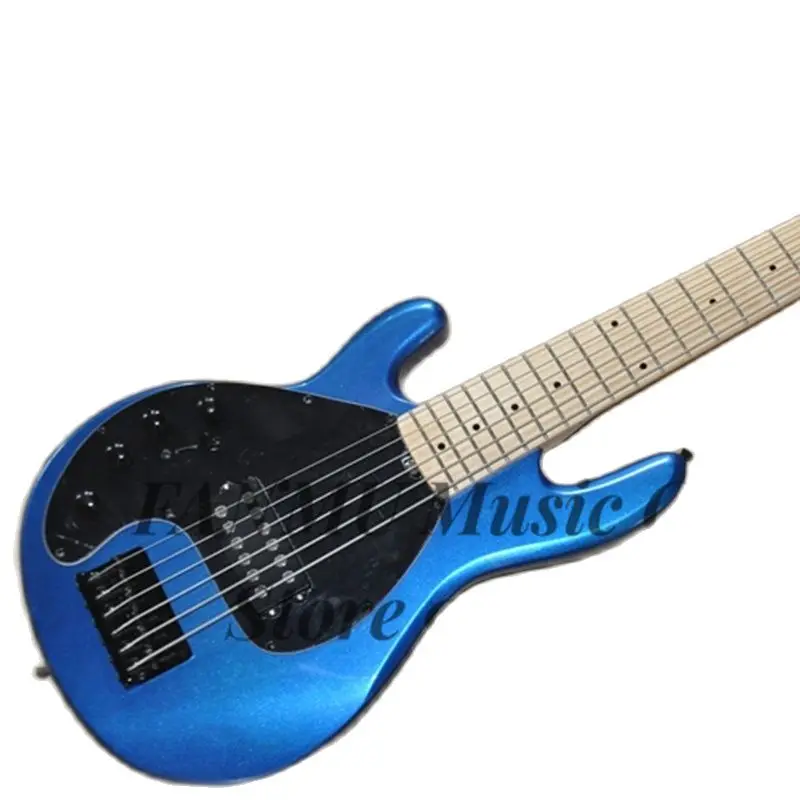 Left Hand Bass Guitar 6 Strings Metal Blue Bass Ray Body Maple Fingerboard 21 Frets Black Pickguard Fixed Bridge Black Tuners