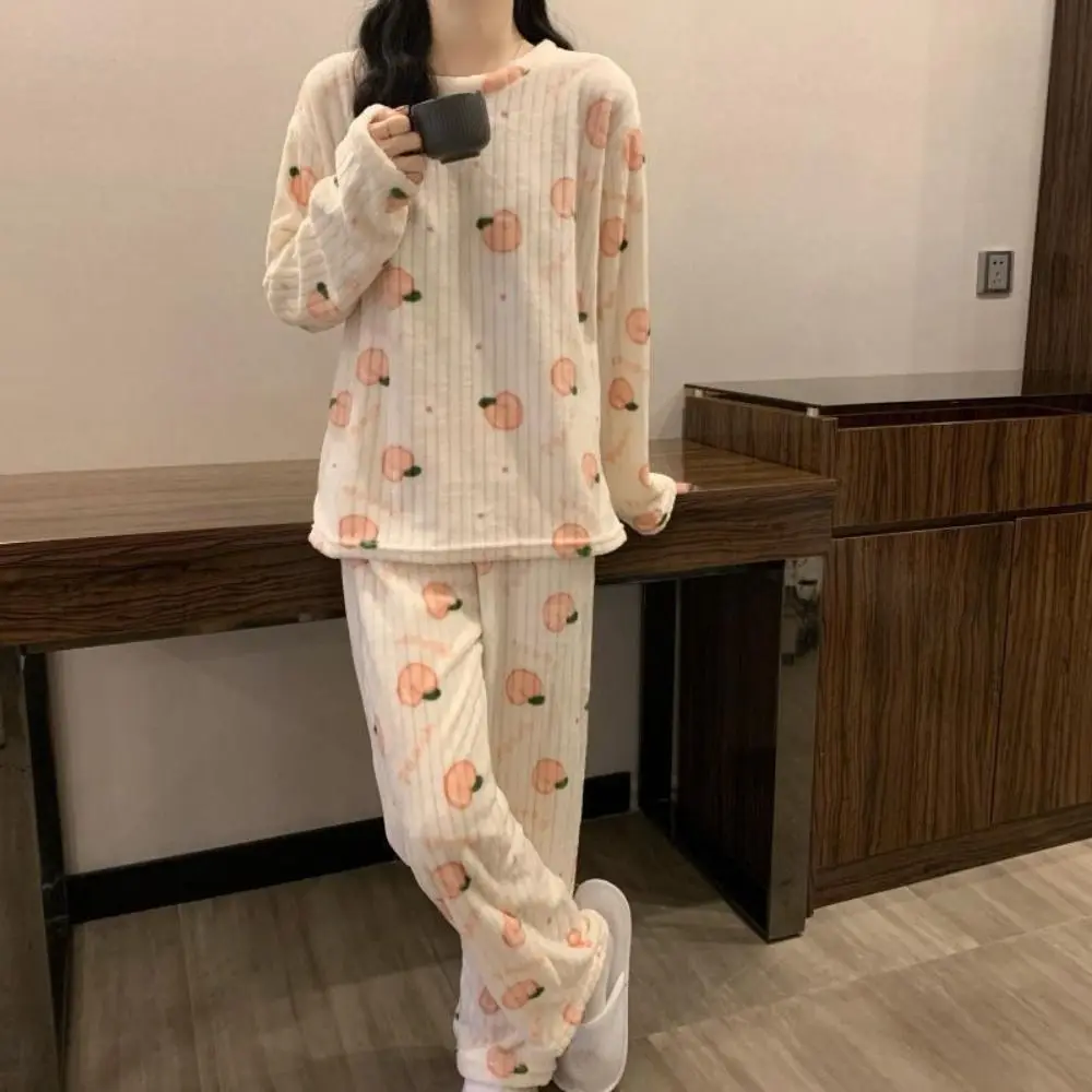 

Уютный комплект для сна из вельвета с милым медвежонком, пижамный костюм с персиковым цветком, ночная одежда, теплая зимняя пижама с длинным рукавом, подарок для девочки