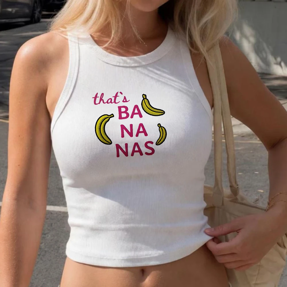 That's Bananas Letter Banana Print Ribbed Tank Slim Sleeveless Camisole Aesthetic Y2K Top Casual Cropped Crop Women Summer Vest